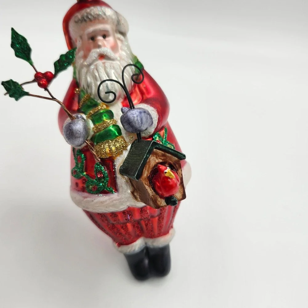 Santa with‎ Birdhouse & Holly Blown Glass Christmas Ornament Red Green Glitter